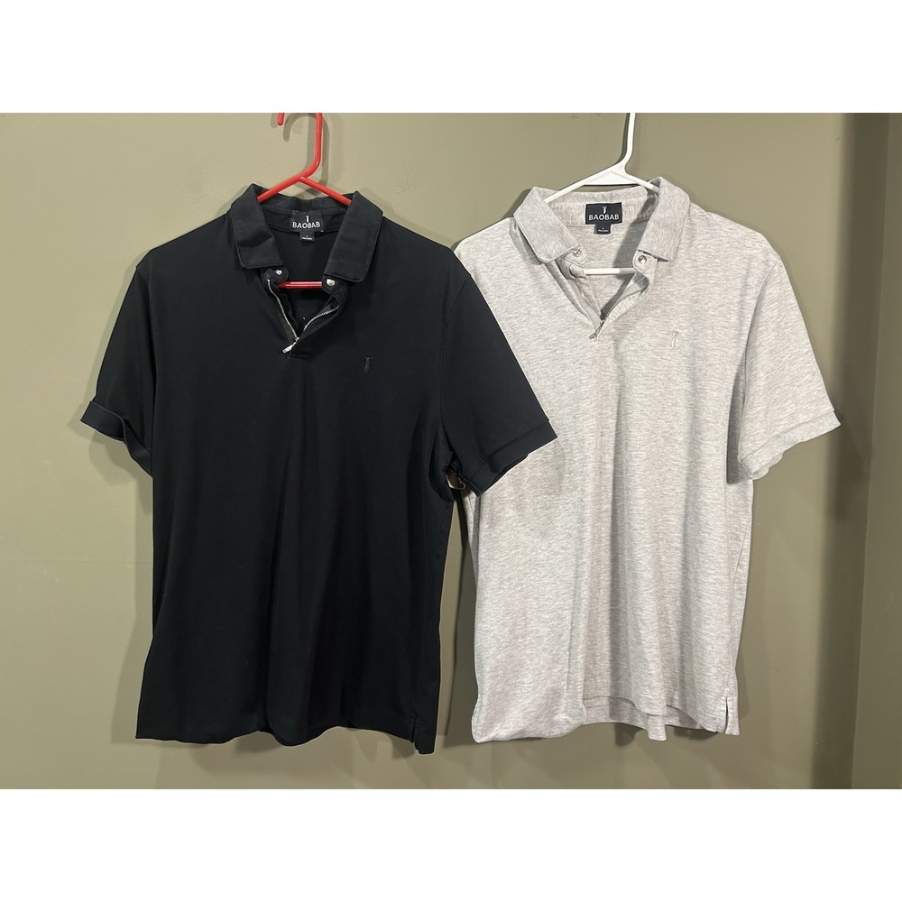 Baobab Mens Pima Cotton Short Sleeve Polo Shirt Black Gray Zip Up Lot (2) Sz Lg
